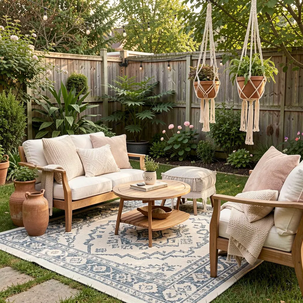 Cozy garden seating area with decorative elements