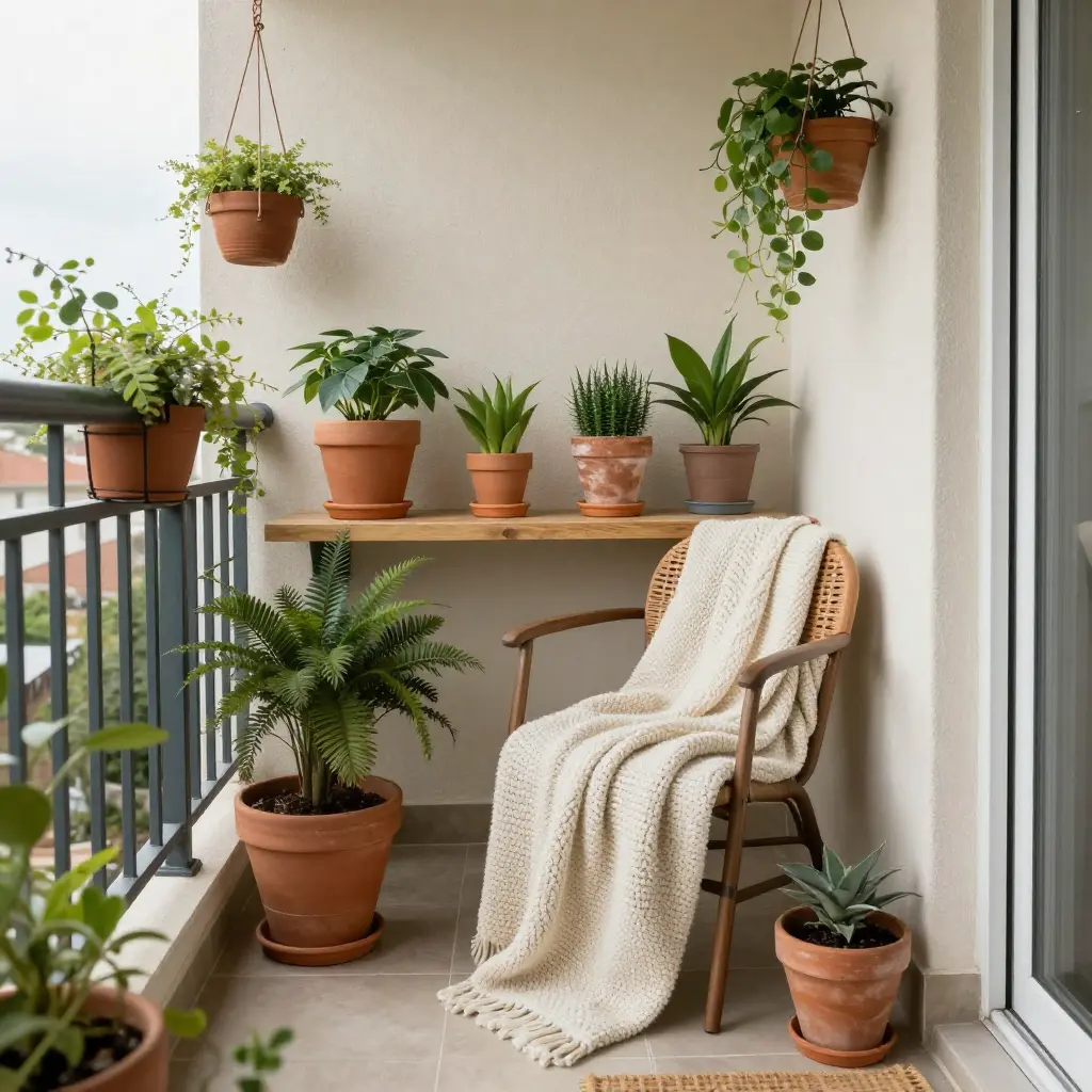 Cozy balcony with comfortable seating and plants